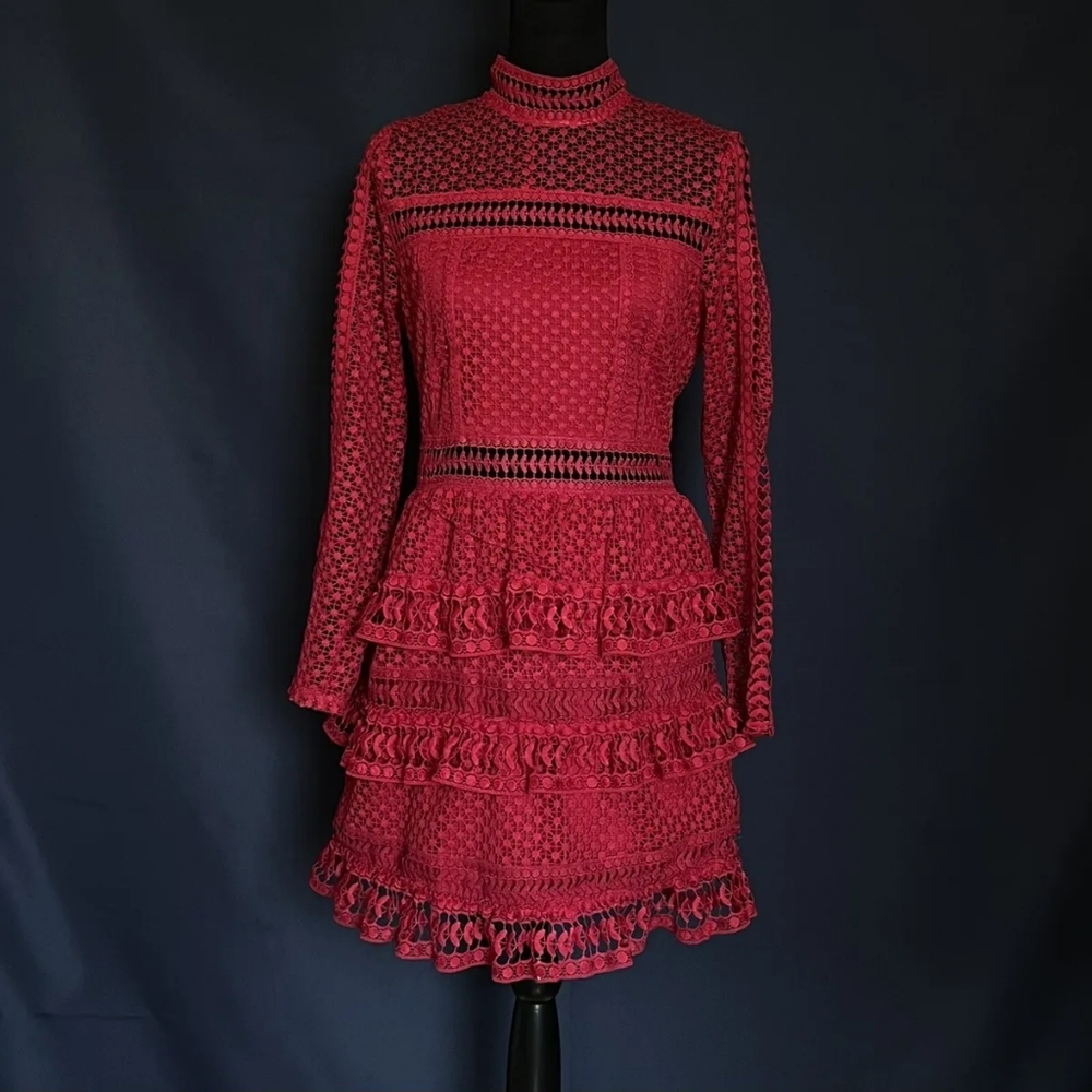 Aqua EUC Red Lace Long sleeve mini dress